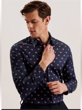 Ted Baker Navy Button-Down Shirt with Pink Floral Pattern Size XL